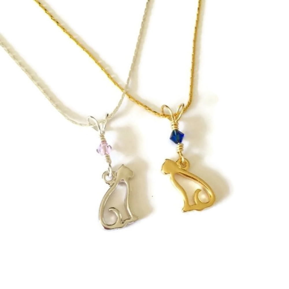  Silver or Gold Cat Birthstone Necklace